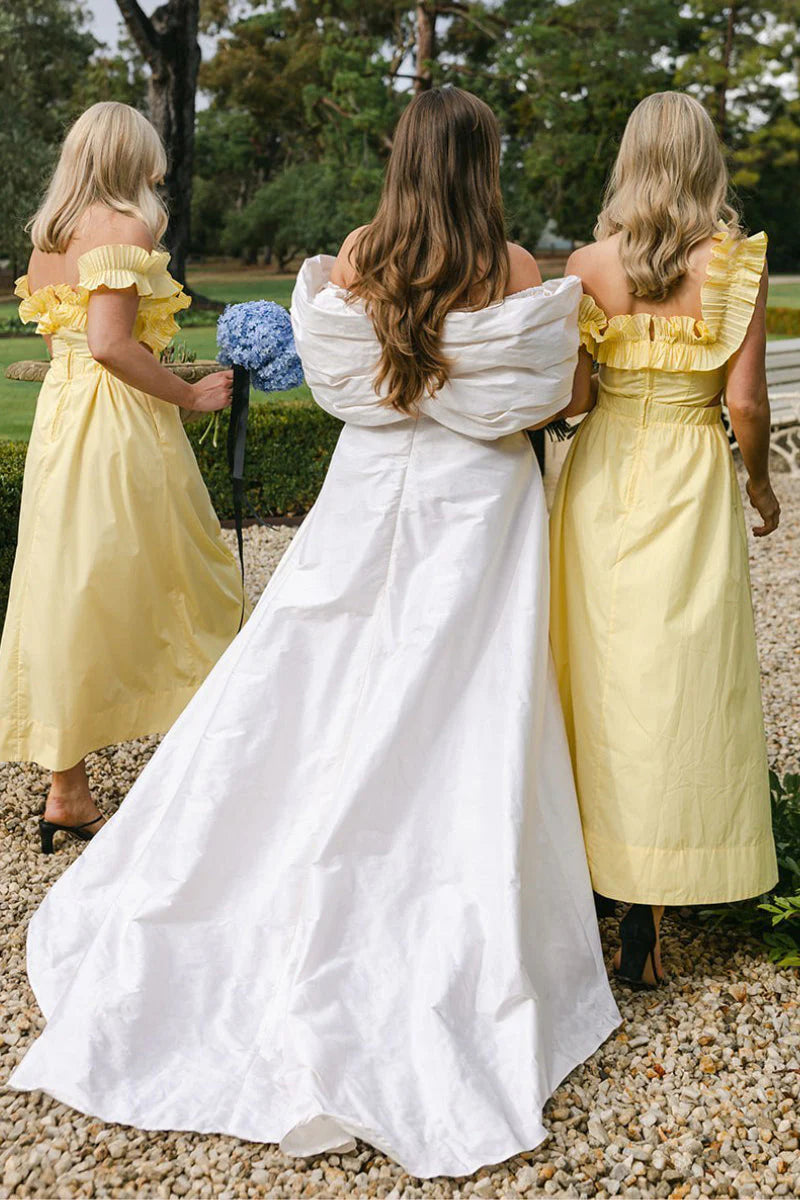 Luolandi Yellow Off the Shoulder Ruffle Satin Ankle Length Bridesmaid Dress Charming Party Dress